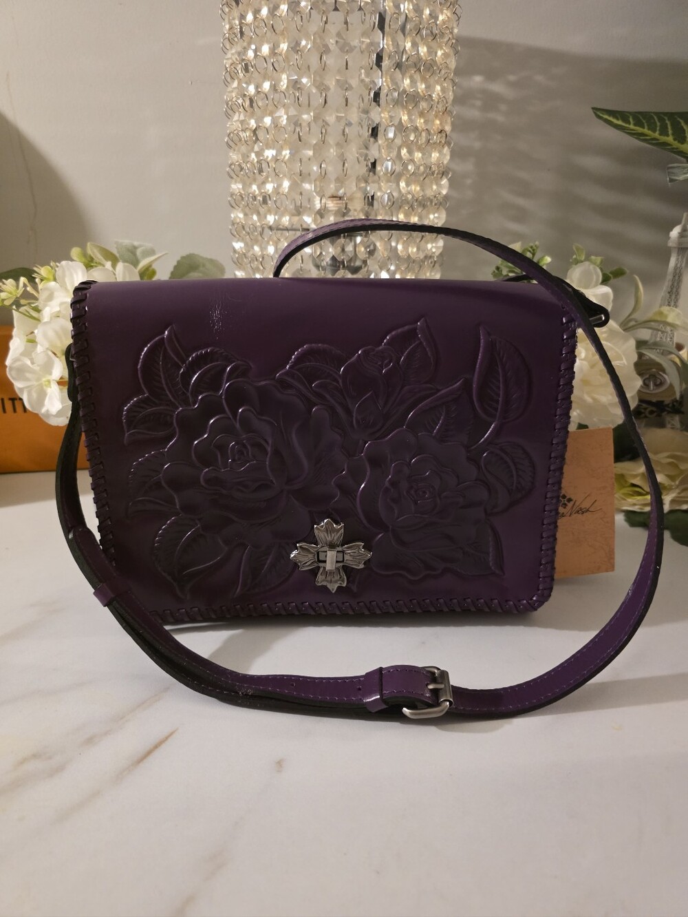 Patricia Nash Deep Purple Embossed Floral Leather Crossbody Or Shoulder Bag